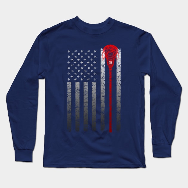 Vintage Lacrosse Stick American Flag Faded Distressed Long Sleeve T-Shirt by TeeCreations